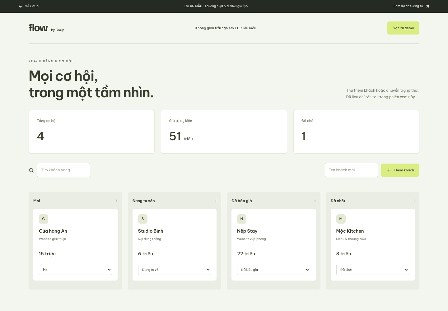 Demo GoUp Flow — hình minh họa công cụ quản lý